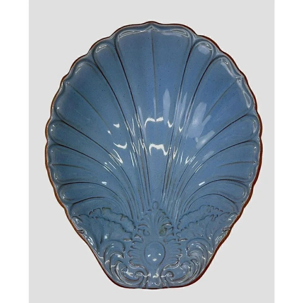 Vintage Loneoak & Co Pottery Terracotta Shell Serving Bowl Blue Glaze Dish 8x10